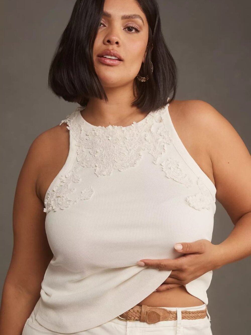 Anthropologie White Lace Applique Tank Size M Crochet Bohemian Cottagecore